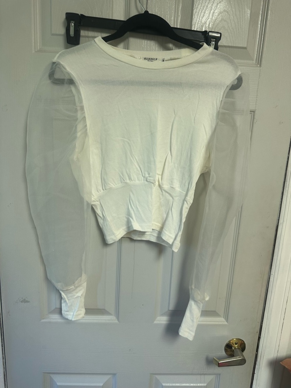 Sheer Sleeve White Women's Top - Contemporary Crewneck medium